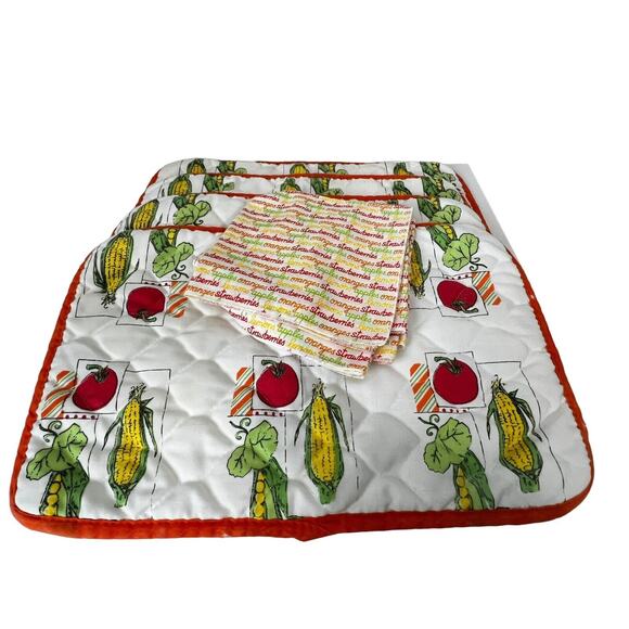 Farmhouse Garden Reversible Orange Check Quilted 4 Placemats & Napkins Set - Picture 1 of 7